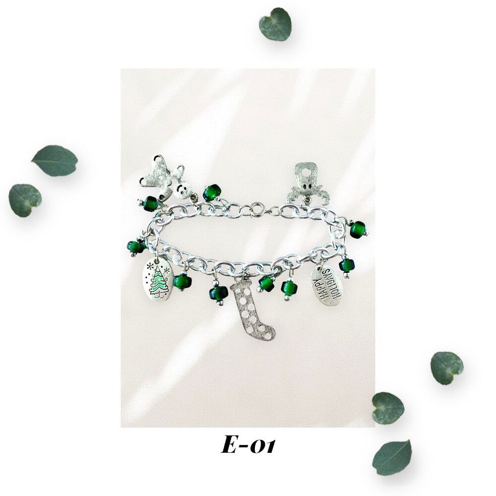 Emerald Holiday Christmas Charm Bracelet - Gingerbread Tree Stocking Reindeer